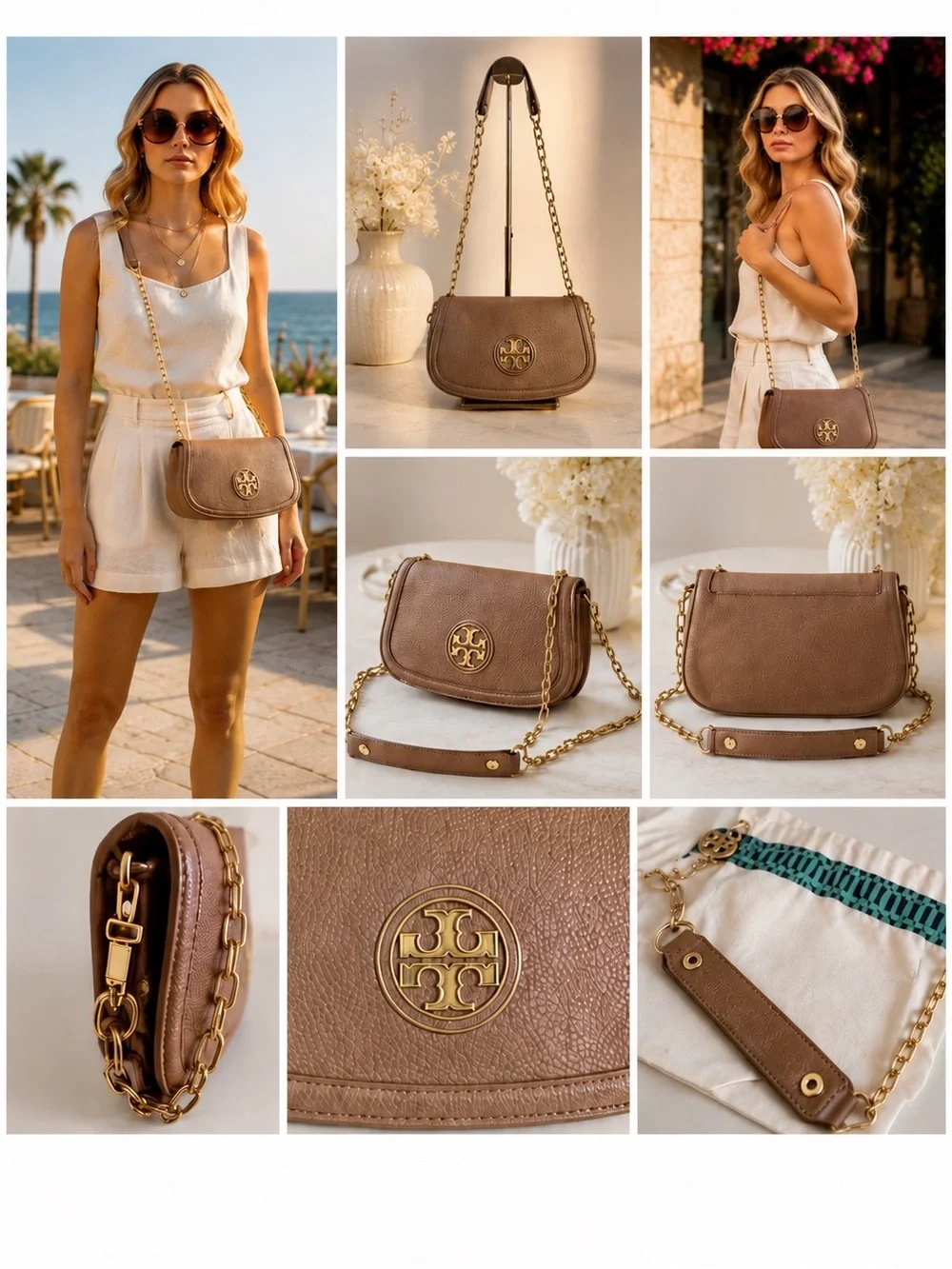 Tory Burch Amanda Taupe Pebbled Leather Chain Shoulder Crossbody Bag